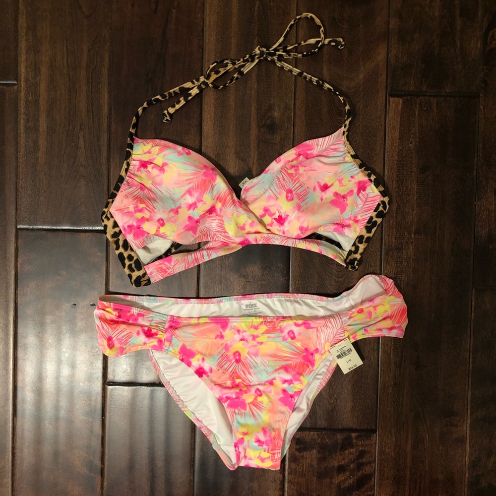 VS Pink Vintage Y2K Wrap Cheetah Floral Bikini Swim Set